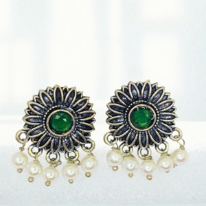 Green Lotus Studs with Pearl Drops